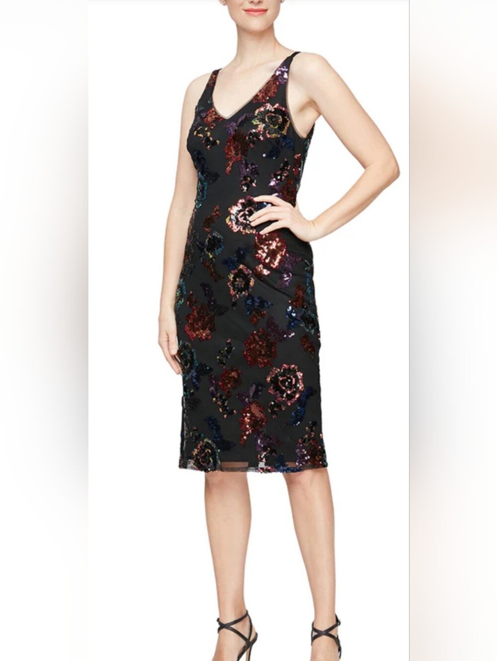 Alex & Eve Black V-Neck Cocktail Dress with Multicolor Floral Embroidery/Sequins
